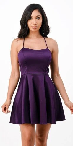 La Scala 25990 Short Fit And Flare Cocktail Dress Spaghetti Straps Criss Cross Back(La Scala 25590 Short Fit And Flare Cocktail Dress Spaghetti Straps Criss Cross Back) -Discount Dress Shops 25990 la scala eggplant