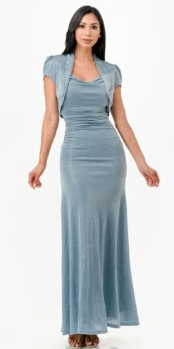 La Scala 26004-11628 Long Fitted Cowl Neckline Sheath Dress With Jacket(La Scala 26004 11628 Long Fitted Cowl Neckline Sheath Dress With Jacket) -Discount Dress Shops 26004 11628 la scala silver blue
