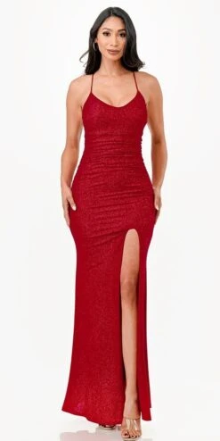 La Scala 26012 Long Glittery ITY Lace Up Back Fitted Mermaid Dress(La Scala 26012 Long Glittery Ity Lace Up Back Fitted Mermaid Dress) -Discount Dress Shops 26012 la scala red