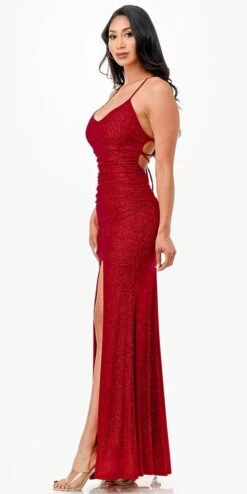 La Scala 26012 Long Glittery ITY Lace Up Back Fitted Mermaid Dress(La Scala 26012 Long Glittery Ity Lace Up Back Fitted Mermaid Dress) -Discount Dress Shops 26012 la scala red side