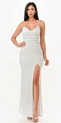La Scala 26012 Long Glittery ITY Lace Up Back Fitted Mermaid Dress(La Scala 26012 Long Glittery Ity Lace Up Back Fitted Mermaid Dress) -Discount Dress Shops 26012 la scala white