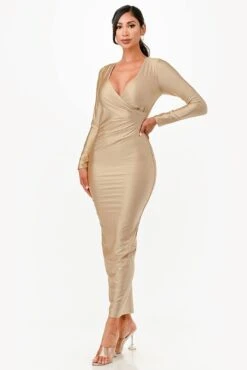 La Scala 26057 Long Sleeve Fitted Maxi Dress(La Scala 26057 Long Sleeve Fitted Maxi Dress) -Discount Dress Shops 26057 la scala beige side
