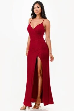 La Scala 26060 Dress Fitted Glitter Side Pleat Party Gown(La Scala 26060 Dress Fitted Glitter Side Pleat Party Gown) -Discount Dress Shops 26060 la scala red side