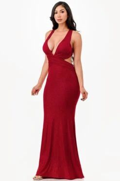La Scala 26063 Dress Long V-Neckline Halter Top Gown(La Scala 26063 Dress Long V Neckline Halter Top Gown) -Discount Dress Shops 26063 la scala burgundy side
