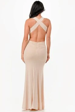 La Scala 26063 Dress Long V-Neckline Halter Top Gown(La Scala 26063 Dress Long V Neckline Halter Top Gown) -Discount Dress Shops 26063 la scala champagne back