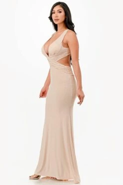 La Scala 26063 Dress Long V-Neckline Halter Top Gown(La Scala 26063 Dress Long V Neckline Halter Top Gown) -Discount Dress Shops 26063 la scala champagne side