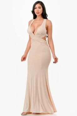 La Scala 26063 Dress Long V-Neckline Halter Top Gown(La Scala 26063 Dress Long V Neckline Halter Top Gown) -Discount Dress Shops 26063 la scala champagne side left