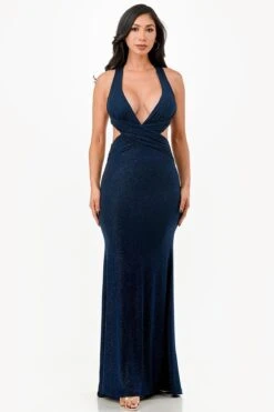 La Scala 26063 Dress Long V-Neckline Halter Top Gown(La Scala 26063 Dress Long V Neckline Halter Top Gown) -Discount Dress Shops 26063 la scala navy