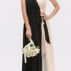 Eureka 2711 V-Neck Ruched Bodice Long A-Line Dress(Black Taupe V Neck Ruched Bodice A Line Formal Dress Long)