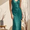 Juliet 273 Long Sequin Gown With V-neck And Slit(Long Sequin Gown With V Neck And Slit By Juliet 273)