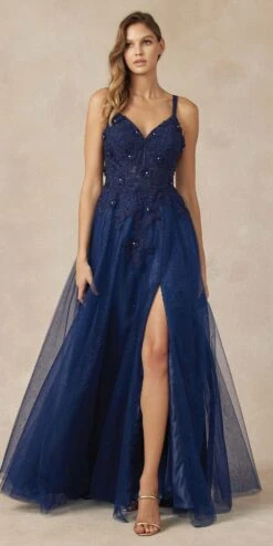 Juliet 283 3D Flowers Embroidered Tulle Glitter Skirt High Slit(Juliet 283 3d Flowers Embroidered Tulle Glitter Skirt High Slit) -Discount Dress Shops 283 navy