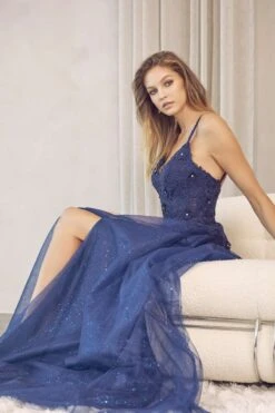 Juliet 283 3D Flowers Embroidered Tulle Glitter Skirt High Slit(Juliet 283 3d Flowers Embroidered Tulle Glitter Skirt High Slit) -Discount Dress Shops 283 navy live side