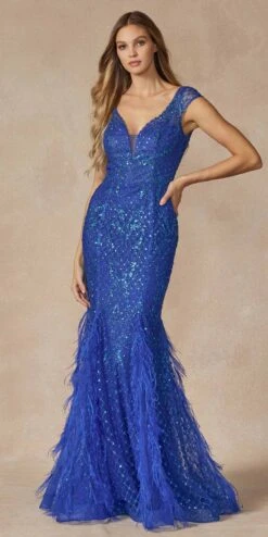 Juliet 286 Floor Length Feather Skirt Embellished Fitted Prom Dress(Juliet 286 Floor Length Feather Skirt Embellished Fitted Prom Dress) -Discount Dress Shops 286 ROYALBLUE FRONT