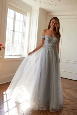 Juliet 287 Long Off The Shoulder Beaded Top A-Line Prom Dress(Juliet 287 Long Off The Shoulder Beaded Top A Line Prom Dress) -Discount Dress Shops 287SILVER0042