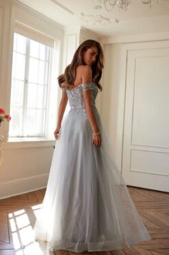 Juliet 287 Long Off The Shoulder Beaded Top A-Line Prom Dress(Juliet 287 Long Off The Shoulder Beaded Top A Line Prom Dress) -Discount Dress Shops 287SILVER0084