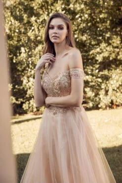 Juliet 287 Long Off The Shoulder Beaded Top A-Line Prom Dress(Juliet 287 Long Off The Shoulder Beaded Top A Line Prom Dress) -Discount Dress Shops 287 GOLD OTHER2
