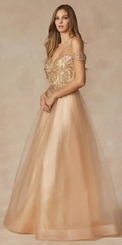 Juliet 287 Long Off The Shoulder Beaded Top A-Line Prom Dress(Juliet 287 Long Off The Shoulder Beaded Top A Line Prom Dress) -Discount Dress Shops 287 GOLD SIDE