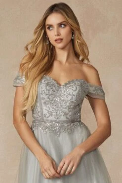 Juliet 287 Long Off The Shoulder Beaded Top A-Line Prom Dress(Juliet 287 Long Off The Shoulder Beaded Top A Line Prom Dress) -Discount Dress Shops 287 SILVER DETAIL
