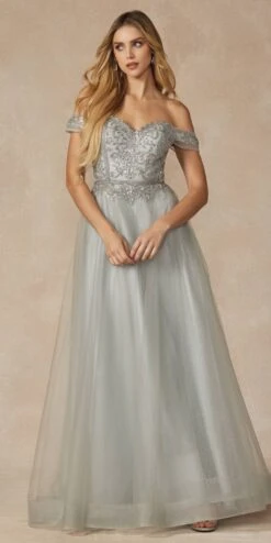 Juliet 287 Long Off The Shoulder Beaded Top A-Line Prom Dress(Juliet 287 Long Off The Shoulder Beaded Top A Line Prom Dress) -Discount Dress Shops 287 SILVER FRONIT