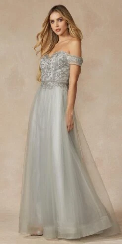 Juliet 287 Long Off The Shoulder Beaded Top A-Line Prom Dress(Juliet 287 Long Off The Shoulder Beaded Top A Line Prom Dress) -Discount Dress Shops 287 SILVER SIDE