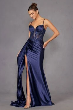 Juliet JT2905K Long Fitted Satin Prom Gown Side Sash(Juliet Jt2905k Long Fitted Satin Prom Gown Side Sash) -Discount Dress Shops 2905KNAVYBLUE 4