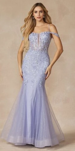 Juliet 290 Leaf Lace Embroidered Fitted Plunging Deep V-Neckline Prom Gown(Juliet 290 Leaf Lace Embroidered Fitted Plunging Deep V Neckline Prom Gown) -Discount Dress Shops 290 LAVENDER FRONT