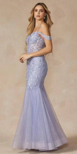 Juliet 290 Leaf Lace Embroidered Fitted Plunging Deep V-Neckline Prom Gown(Juliet 290 Leaf Lace Embroidered Fitted Plunging Deep V Neckline Prom Gown) -Discount Dress Shops 290 LAVENDER SIDE