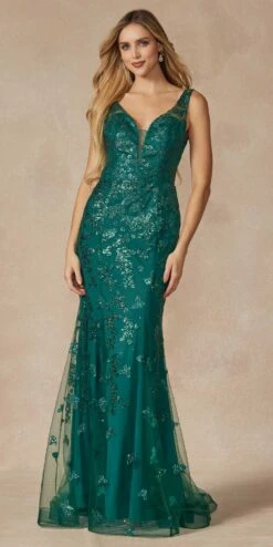 Juliet 294 Long Butterfly Appliques Low V-Neck Prom Dress(Juliet 294 Long Butterfly Appliques Low V Neck Prom Dress) -Discount Dress Shops 294 EMERALDGREEN FRONT