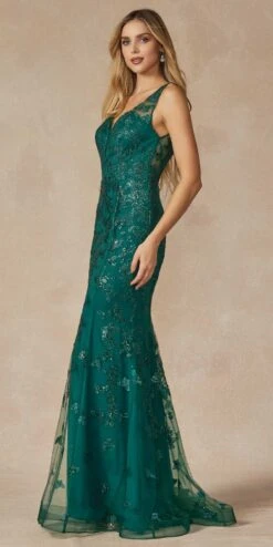 Juliet 294 Long Butterfly Appliques Low V-Neck Prom Dress(Juliet 294 Long Butterfly Appliques Low V Neck Prom Dress) -Discount Dress Shops 294 EMERALDGREEN SIDE