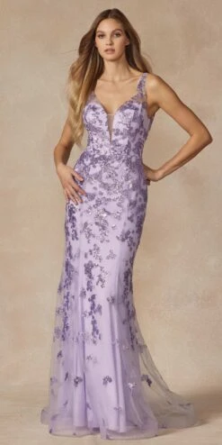 Juliet 294 Long Butterfly Appliques Low V-Neck Prom Dress(Juliet 294 Long Butterfly Appliques Low V Neck Prom Dress) -Discount Dress Shops 294 LILAC FRONT