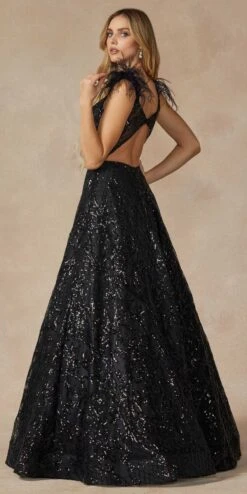 Juliet 297 Floor Length Feathered Cap Sleeve Patterned Sequin A-Line Gown(Juliet 297 Floor Length Feathered Cap Sleeve Patterned Sequin A Line Gown) -Discount Dress Shops 297 BLACK BACK