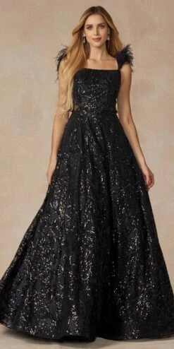 Juliet 297 Floor Length Feathered Cap Sleeve Patterned Sequin A-Line Gown(Juliet 297 Floor Length Feathered Cap Sleeve Patterned Sequin A Line Gown)