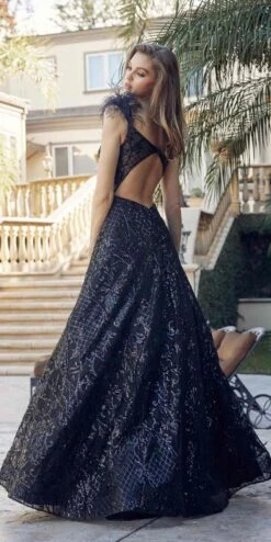 Juliet 297 Floor Length Feathered Cap Sleeve Patterned Sequin A-Line Gown(Juliet 297 Floor Length Feathered Cap Sleeve Patterned Sequin A Line Gown) -Discount Dress Shops 297 BLACK OTHER