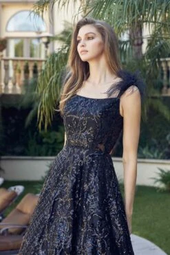 Juliet 297 Floor Length Feathered Cap Sleeve Patterned Sequin A-Line Gown(Juliet 297 Floor Length Feathered Cap Sleeve Patterned Sequin A Line Gown) -Discount Dress Shops 297 BLACK OTHER4