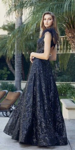 Juliet 297 Floor Length Feathered Cap Sleeve Patterned Sequin A-Line Gown(Juliet 297 Floor Length Feathered Cap Sleeve Patterned Sequin A Line Gown) -Discount Dress Shops 297 BLACK OTHER5