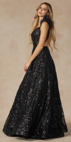 Juliet 297 Floor Length Feathered Cap Sleeve Patterned Sequin A-Line Gown(Juliet 297 Floor Length Feathered Cap Sleeve Patterned Sequin A Line Gown) -Discount Dress Shops 297 BLACK SIDE
