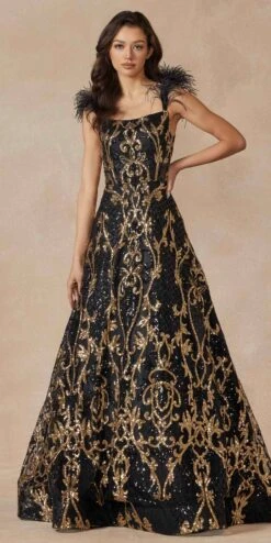 Juliet 297 Floor Length Feathered Cap Sleeve Patterned Sequin A-Line Gown(Juliet 297 Floor Length Feathered Cap Sleeve Patterned Sequin A Line Gown) -Discount Dress Shops 297 black gold