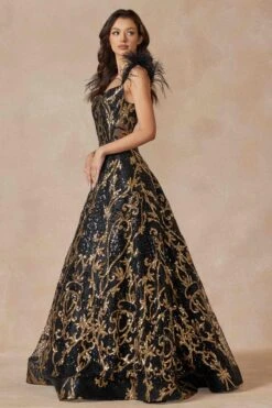 Juliet 297 Floor Length Feathered Cap Sleeve Patterned Sequin A-Line Gown(Juliet 297 Floor Length Feathered Cap Sleeve Patterned Sequin A Line Gown) -Discount Dress Shops 297 black gold side2