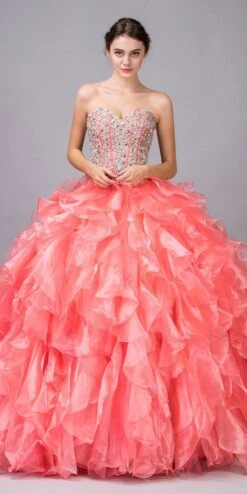 Eureka 3002 Ruffled Tiered Skirt Studded Bodice Princess Gown(Tiered Ruffled Skirt Studded Bodice Coral Princess Gown)