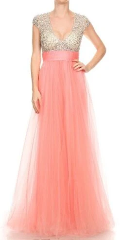 J&J Fashion 3021 Plunging Neck Long Prom Dress Cut-Out Back(Pink Plunging Neck Long Prom Dress Cut Out Back)