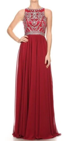J&J Fashion 3026 Beaded Long Prom Dress Sleeveless(Wine Beaded Long Prom Dress Sleeveless)