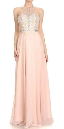J&J Fashion 3029 Halter Long Dress Illusion Keyhole Back(Halter Long Prom Dress Illusion Keyhole Back Blush)