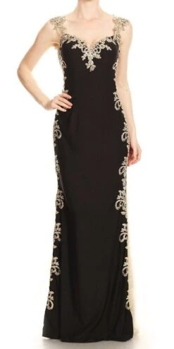 J&J Fashion 3034 Appliqued Sweetheart Neck Long Prom Dress(Appliqued Sweetheart Neck Long Prom Dress Black Gold)