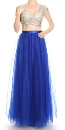 J&J Fashion 3036 Cut-Out Back Two-Piece Long Prom Dress(Cut Out Back Two Piece Long Prom Dress Royal Blue)