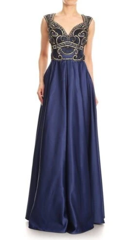 J&J Fashion 3039 Embroidered Bodice Long Prom Dress(Navy Blue Embroidered Bodice Long Prom Dress)