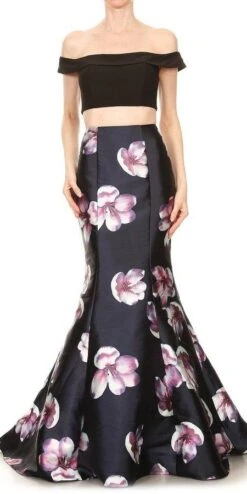 J&J Fashion 3054 Floral Skirt Crop Top Two-Piece Prom Gown(Floral Skirt Black Crop Top Two Piece Prom Gown)