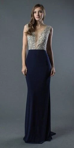 J&J Fashion 3060 Beaded Sheer Cut-Out Top Long Prom Dress(Beaded Sheer Cut Out Top Long Prom Dress Navy Blue)
