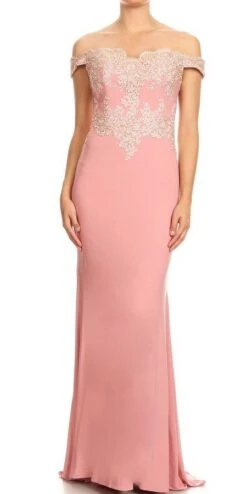 J&J Fashion 3069 Off-Shoulder Appliqued Long Formal Dress(Off Shoulder Appliqued Long Formal Dress Dusty Rose)