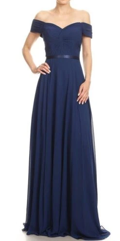 J&J Fashion 3070 Off-Shoulder Long Formal Dress Lace-Up Back(Navy Blue Off Shoulder Long Formal Dress Lace Up Back)