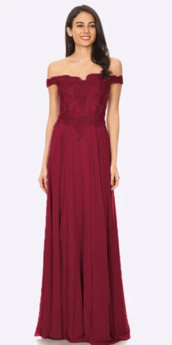 J&J Fashion 3073 Off The Shoulder Formal Dress Floor Length Lace Bodice(Off The Shoulder Mauve Formal Dress Floor Length Lace Bodice) -Discount Dress Shops 3073 jj fashion burgundy